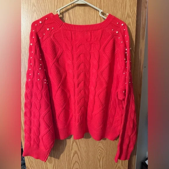 Francesca’s Beverly Pearl Embellished Cable Pullover Sweater Red - Picture 7 of 7